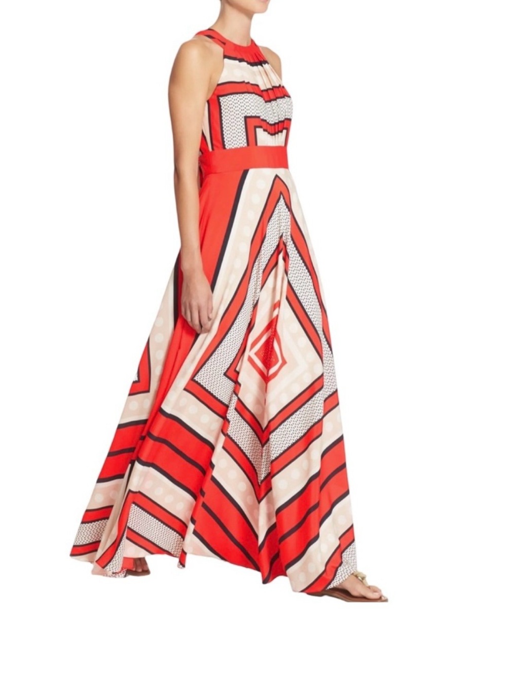 Sleeveless Red Geometric Print Maxi Dress